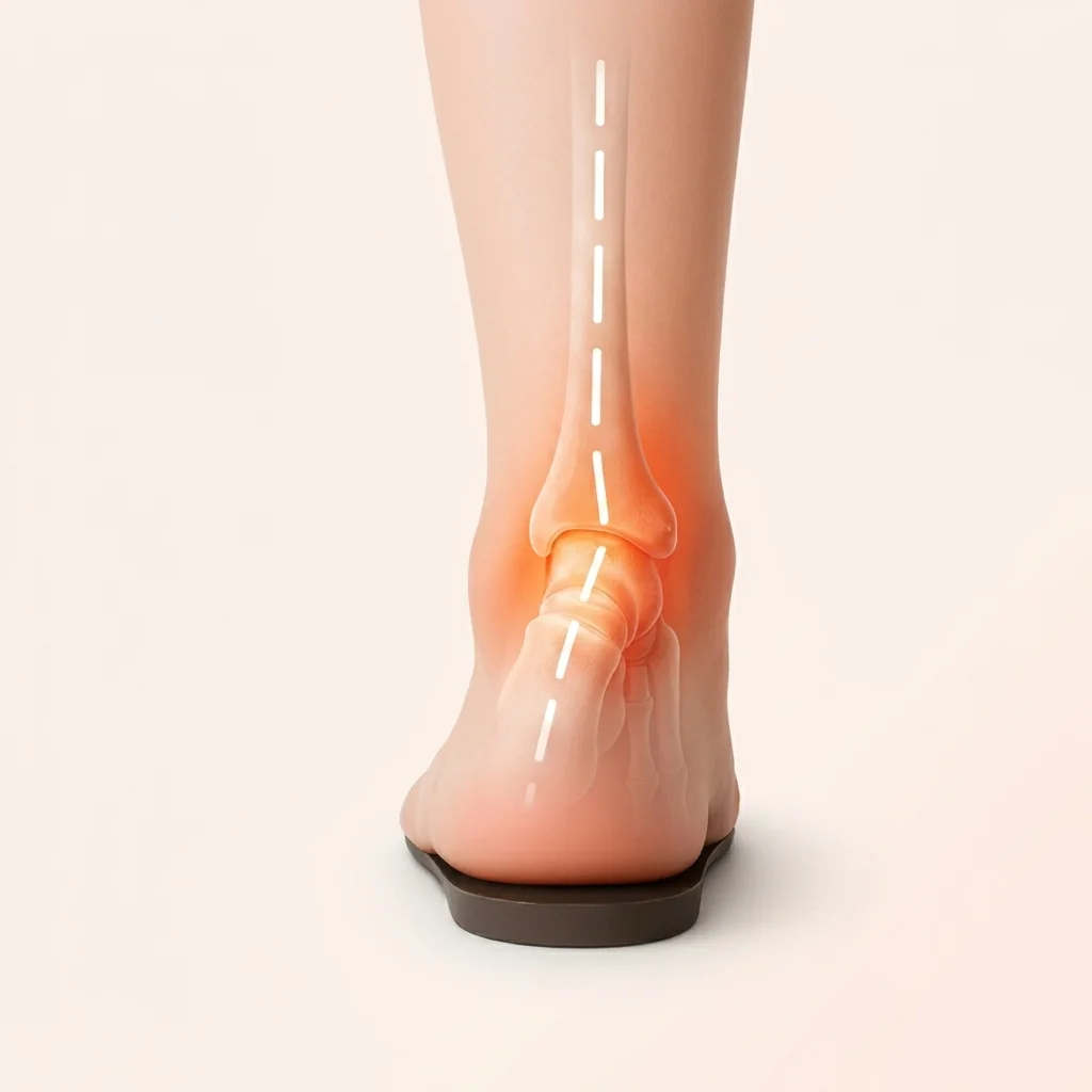 Before — foot misaligned on a rigid drugstore insole, with visible fascia inflammation
