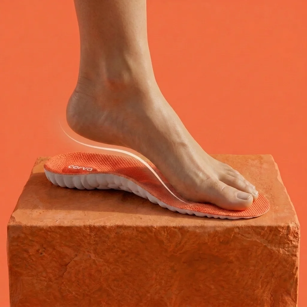 A bare foot resting on a CloudStep insole — a subtle glowing line traces how the arch of the foot nests seamlessly into the arch of the insole