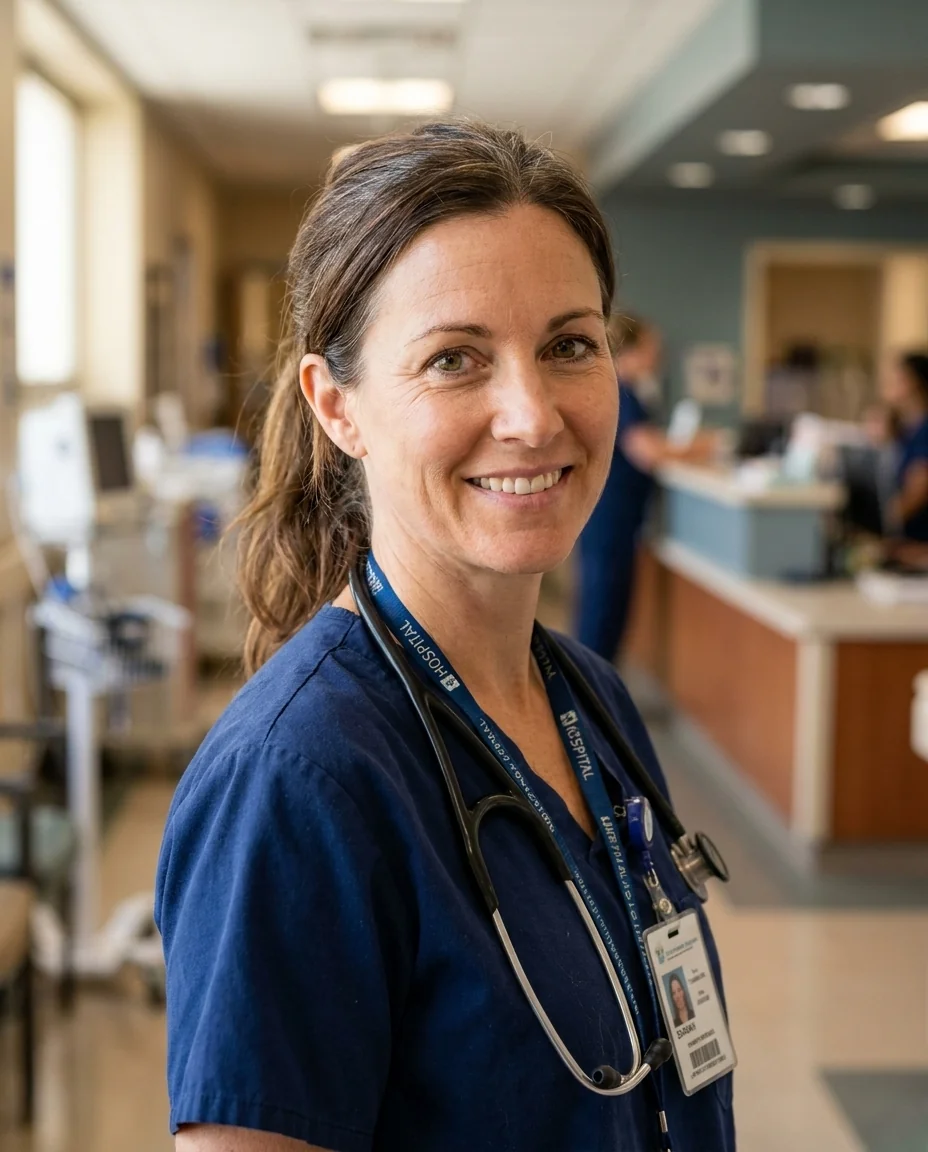 Sarah, ICU RN and CloudStep founder, photographed on a working hospital floor in navy scrubs