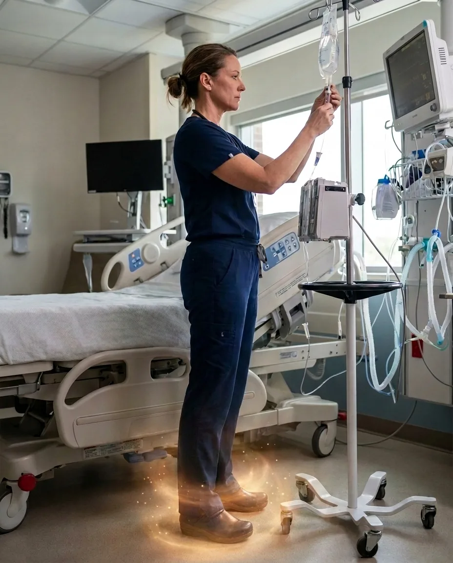 ICU nurse adjusting an IV drip at a patient's bedside with a soft warm amber-orange chakra energy glow radiating around her feet