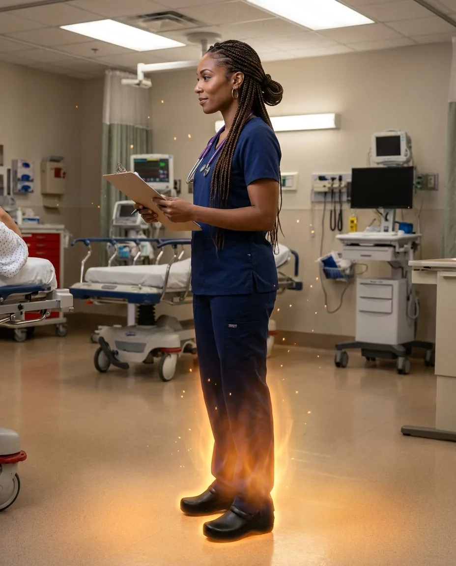 ER nurse with long braids holding a clipboard in an emergency room triage area with a soft warm amber-orange chakra energy glow radiating around her feet