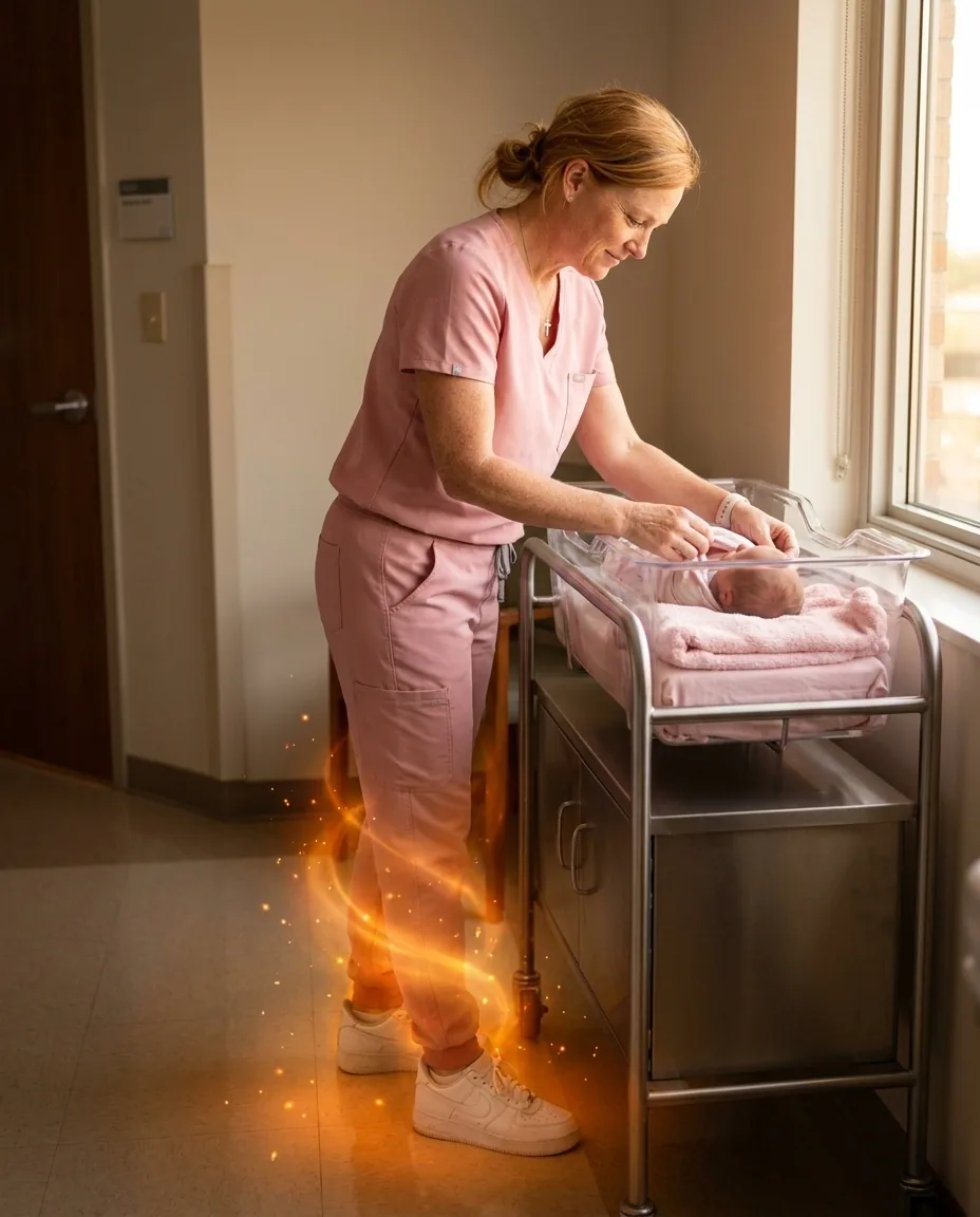 Labor and delivery nurse in pink scrubs tending to a newborn in a bassinet with a soft warm amber-orange chakra energy glow radiating around her feet
