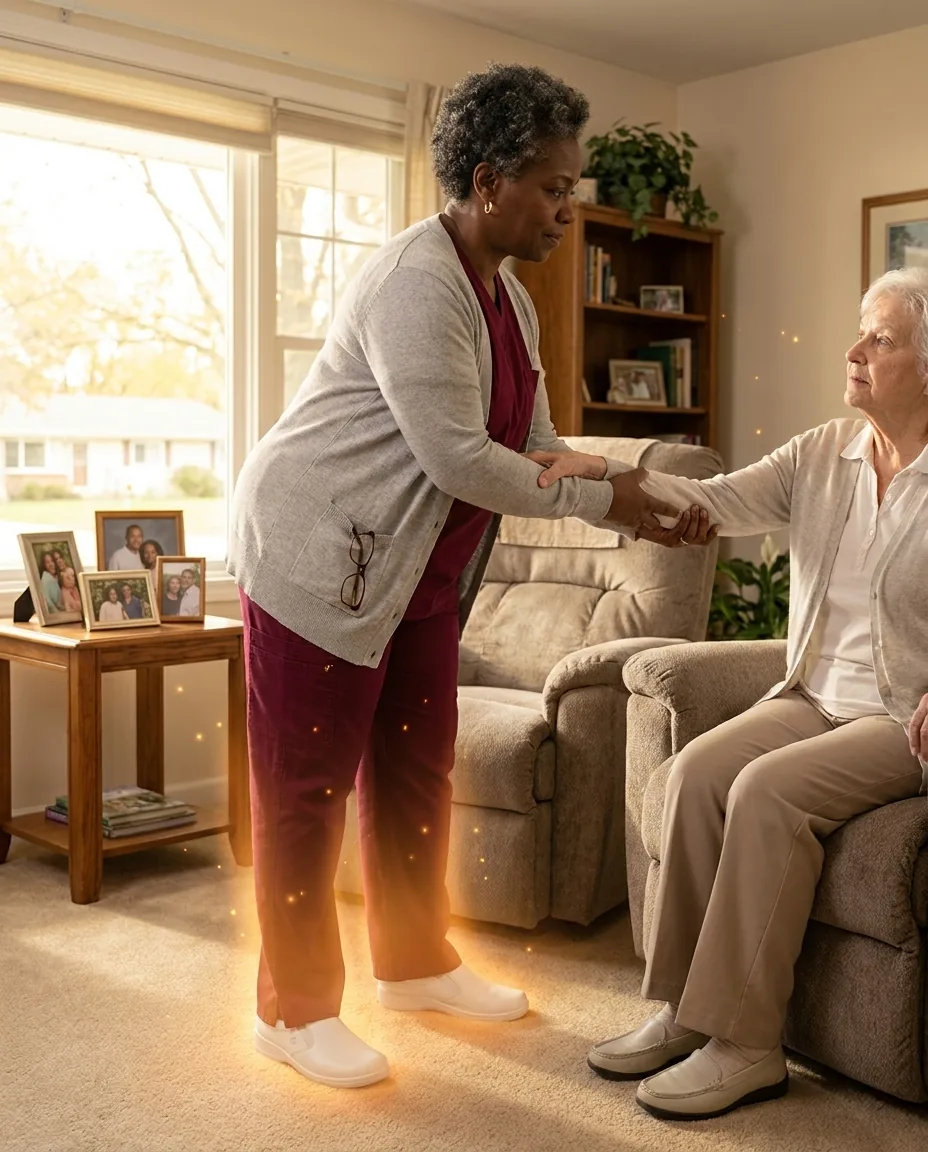 Home health aide helping an elderly patient stand up from a recliner in a sunlit living room with a soft warm amber-orange chakra energy glow radiating around her feet