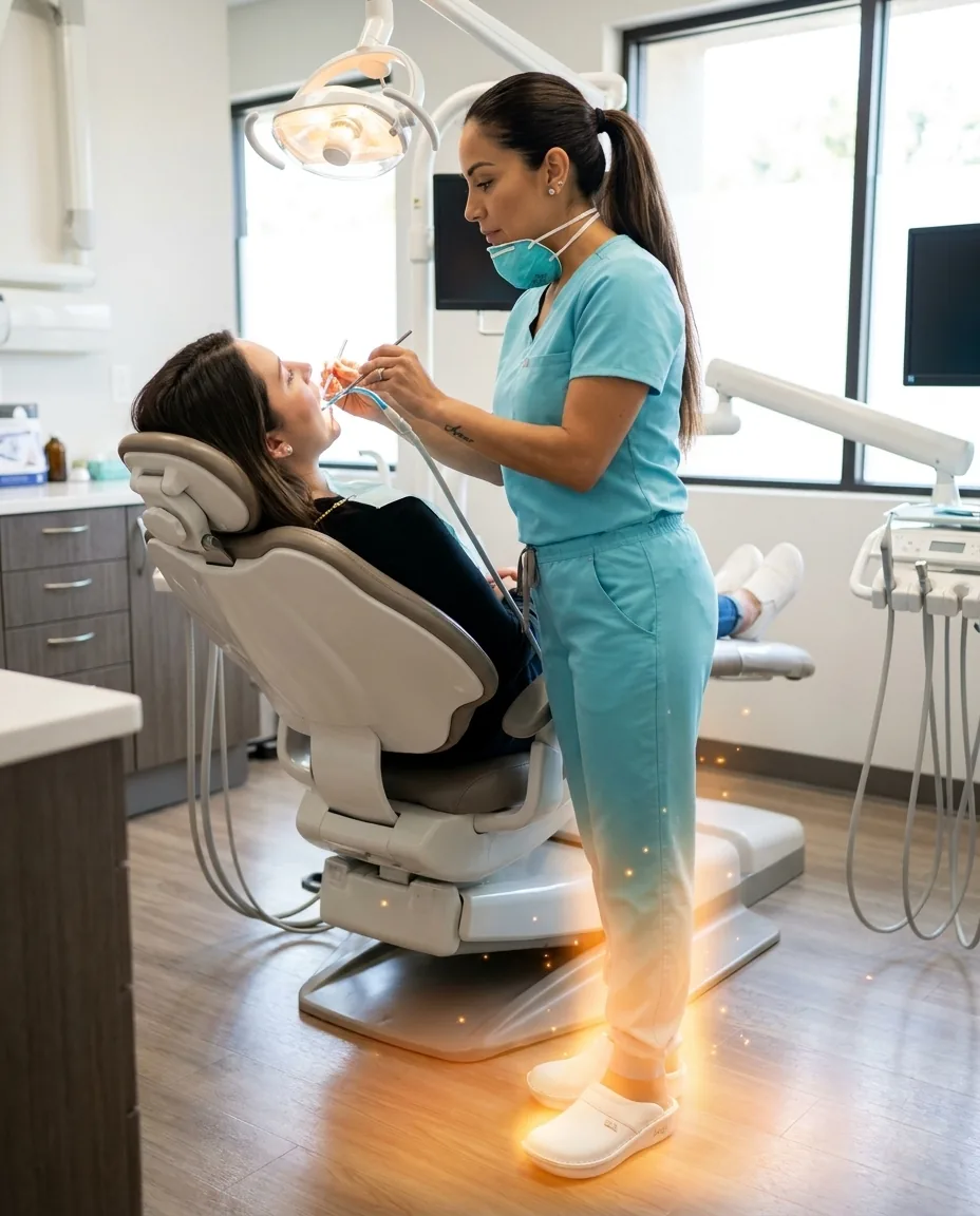 Dental hygienist working on a patient in a modern dental office with a soft warm amber-orange chakra energy glow radiating around her feet