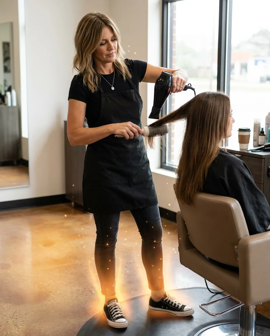 Hairstylist blow-drying a client's hair in a modern salon with a soft warm amber-orange chakra energy glow radiating around her feet