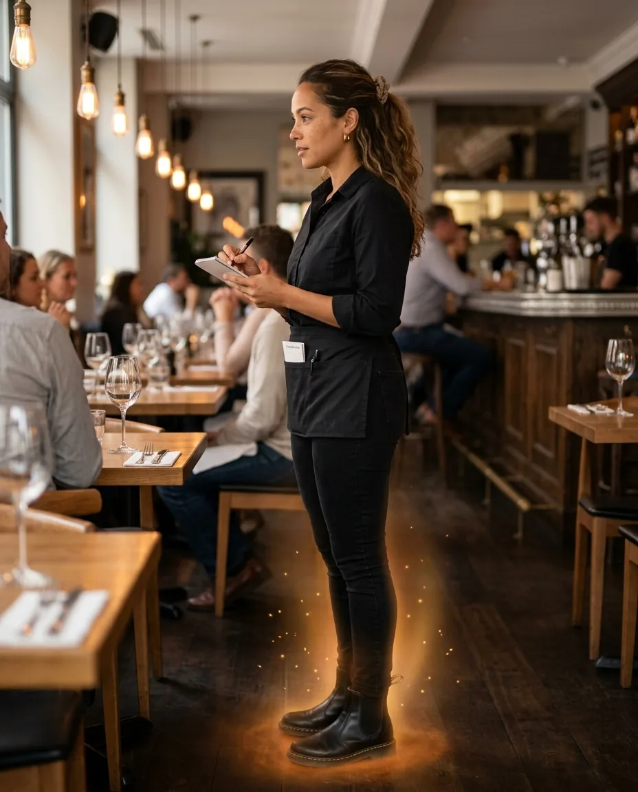 Waitress taking an order at a wooden table in a warm bistro with a soft warm amber-orange chakra energy glow radiating around her feet