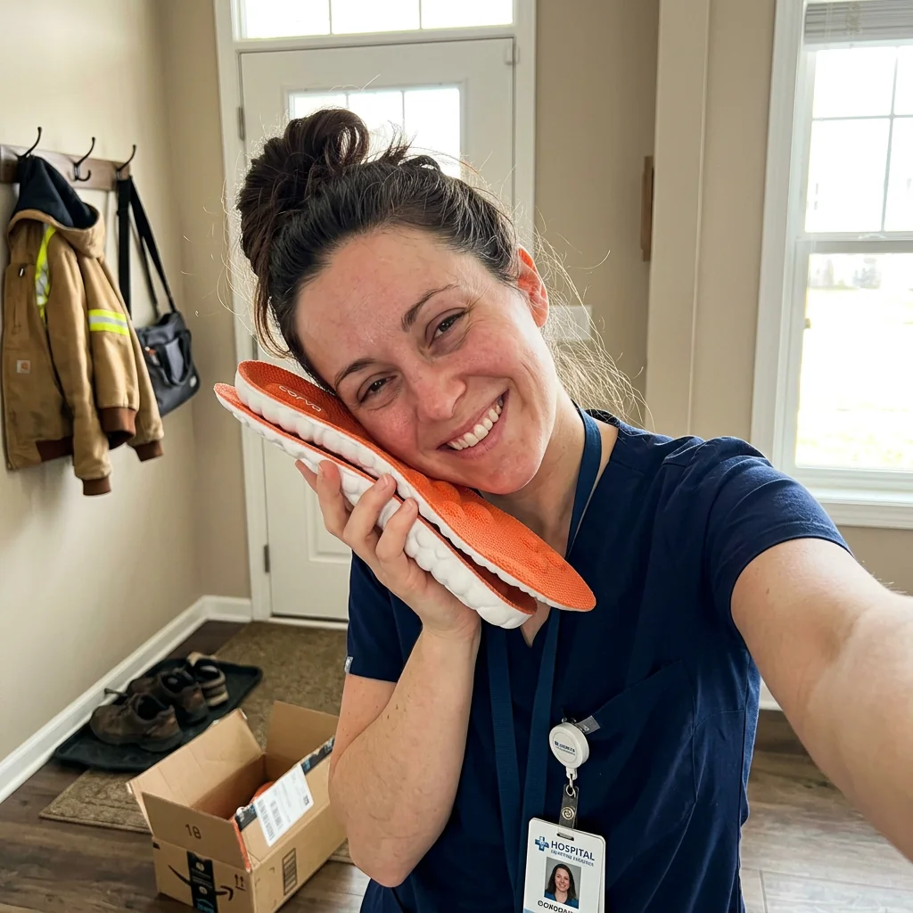 Vanessa K., ICU nurse, holding up her CloudStep insoles at home after a shift