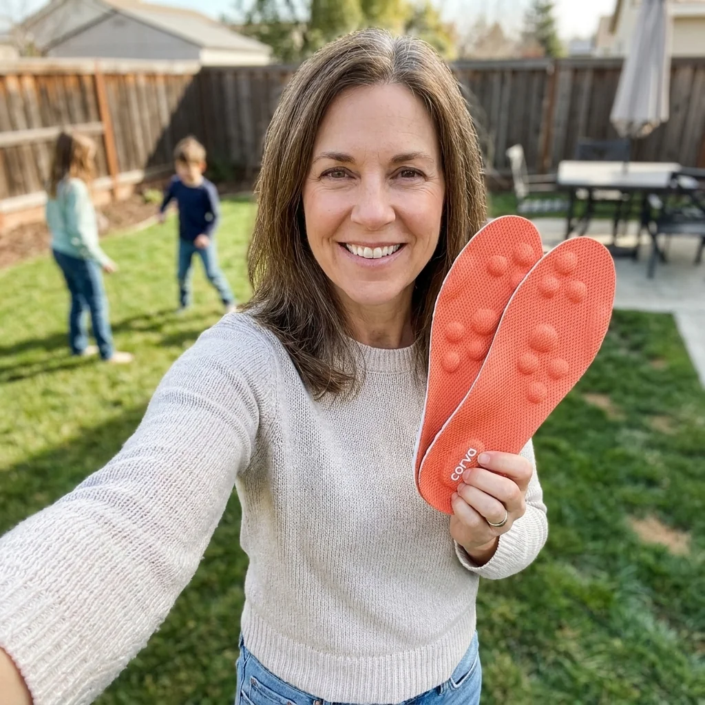 Maranda R., retail manager, holding up both CloudStep insoles with her kids playing in the backyard behind her