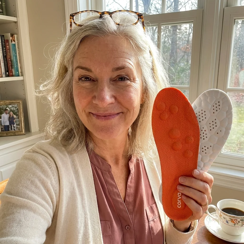 Patricia H., school administrator, holding up her CloudStep insoles in her sunlit sitting room