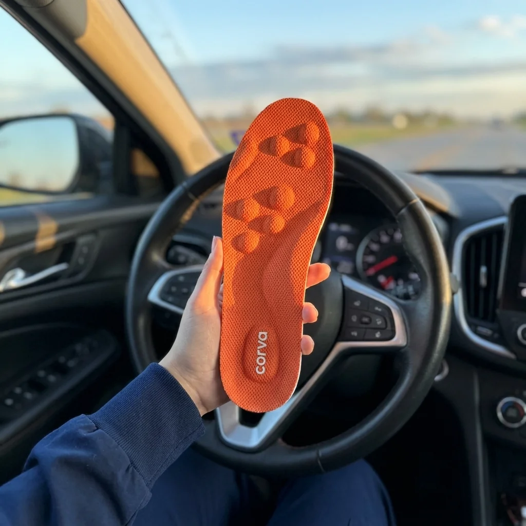 Jessica R. holding up a CloudStep insole in front of her car's steering wheel — dawn light, navy scrub sleeve visible