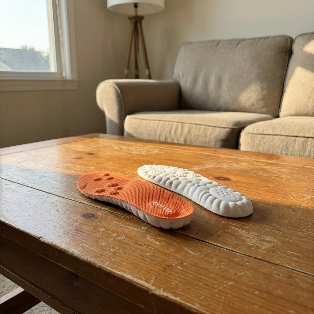A pair of CloudStep insoles casually placed on a wooden coffee table in a suburban living room