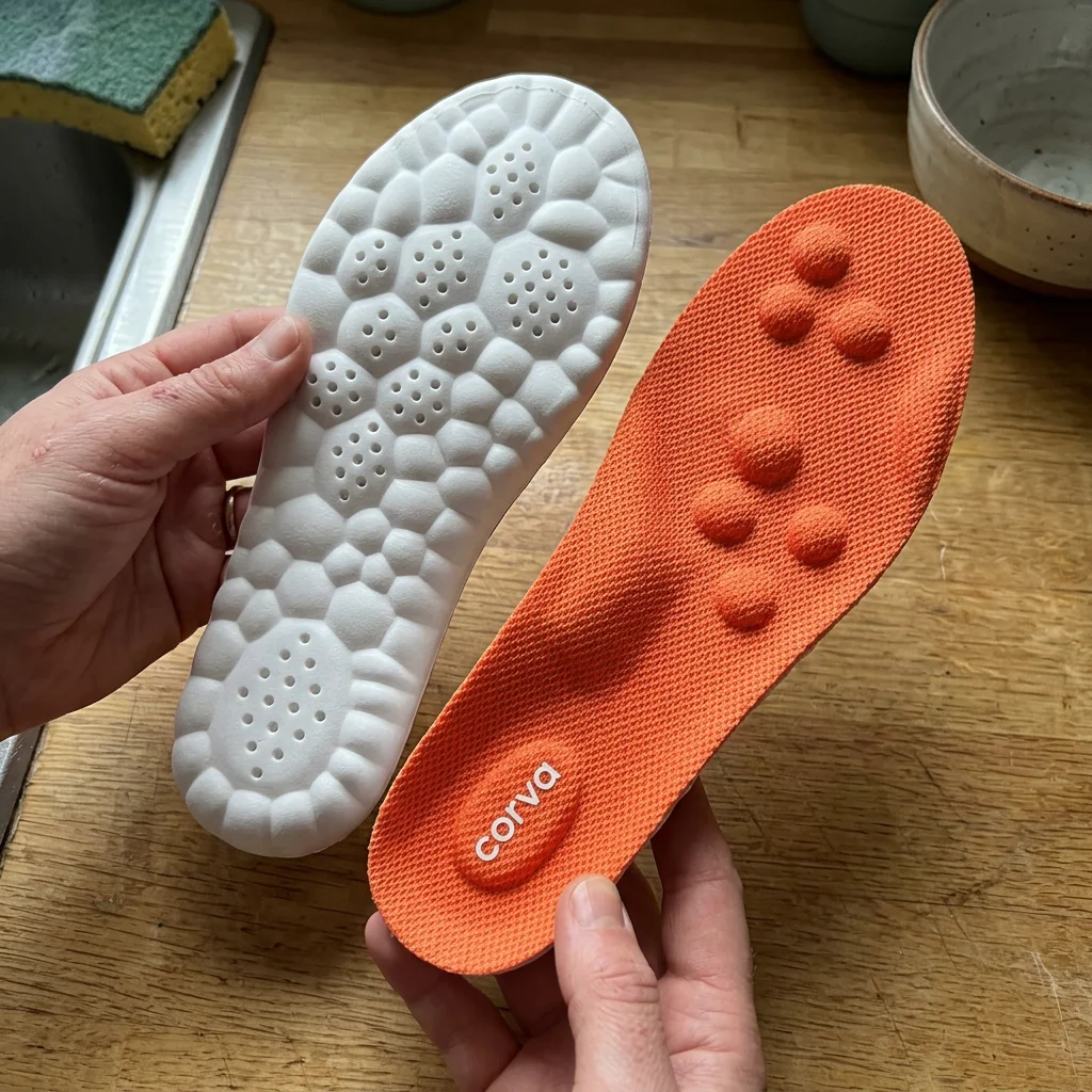 Tanya M. holding up a pair of CloudStep insoles at her kitchen counter — coral top surface with massage nodes and sculpted white underside both visible